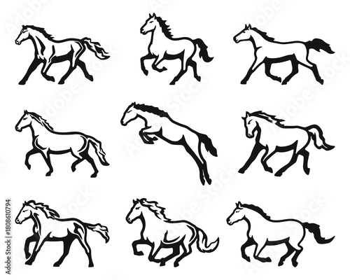 Set of Nine Black Horse Illustrations simple design