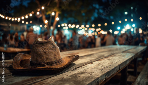Cowboy hat sits on wooden table at outdoor party with blurred people and string lights creating a festive and lively atmosphere.