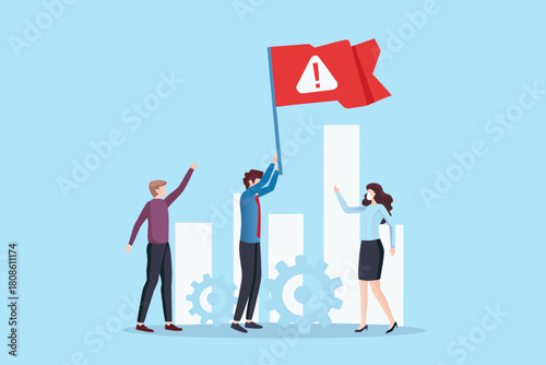 Teamwork raising warning flag on declining bar graph with gears