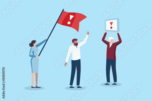 Group of people protesting with red flag and sign with exclamation point