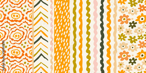 Colorful retro pattern with flowers dots stripes and geometric shapes