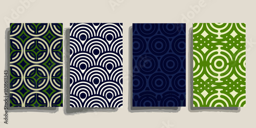 Four geometric circle pattern designs in various colors and layouts