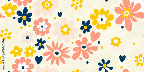 Cute floral pattern with hearts in pink yellow and navy blue