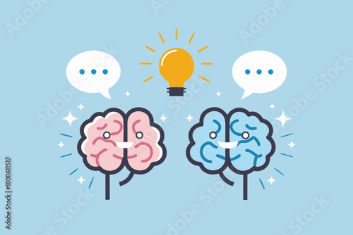 Brainstorming and idea generation with two happy brains and a lightbulb