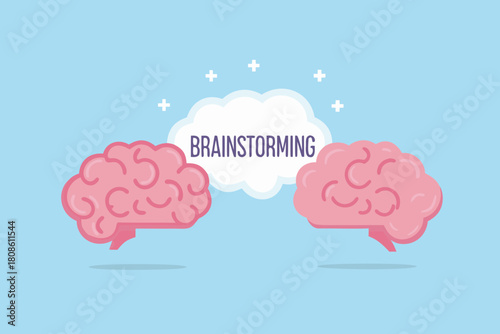 Brainstorming concept with two brains and cloud on a light blue background