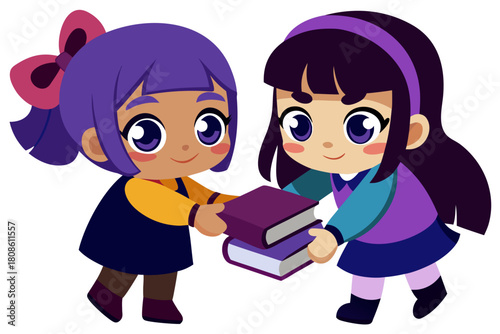 Two cartoon children sharing books with each other