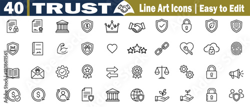 40 Trust Line Art Icons Editable Vector Set: Agreement, Security, Guarantee, Handshake, Padlock, Shield, Heart, Star, Chain, Fingerprint, Certificate, Book, and more vector illustrations. 