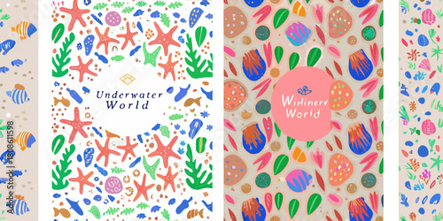 Colorful underwater world illustrations with starfish fish seaweed and other marine life