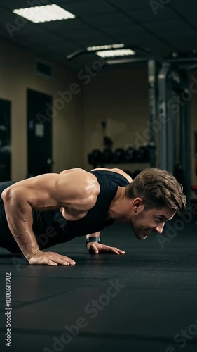 Fit Man Doing Pushups in Gym Cinematic Footage Workout Sweat Muscle