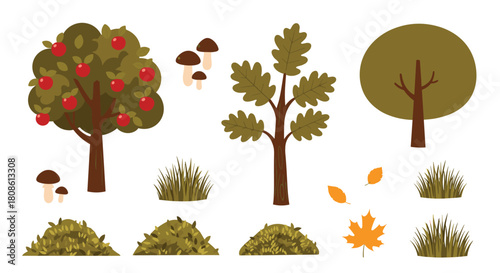 Charming autumn trees with red apples, mushrooms, and fallen leaves create a whimsical forest scene perfect for children's illustrations and seasonal designs