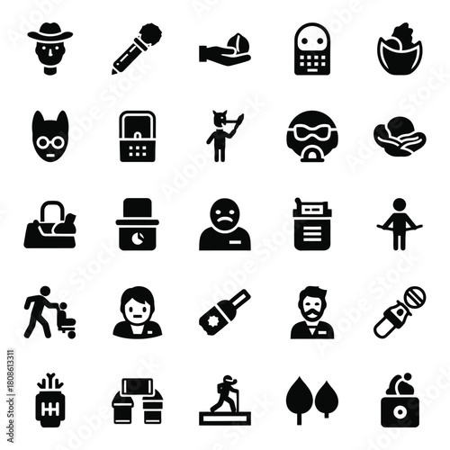 Diverse black glyph icon set presenting various concepts from business and leisure to nature and technology offering a range of design elements