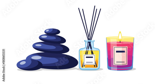 Create a soothing spa atmosphere with a vibrant candle, balancing stones, and a calming aroma diffuser for ultimate relaxation and well-being
