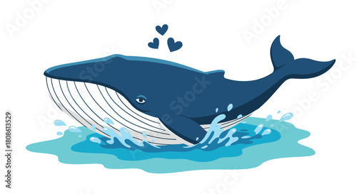 Adorable blue whale with hearts in ocean waves illustration for children's books, sea life education, marine conservation, and ocean themed designs