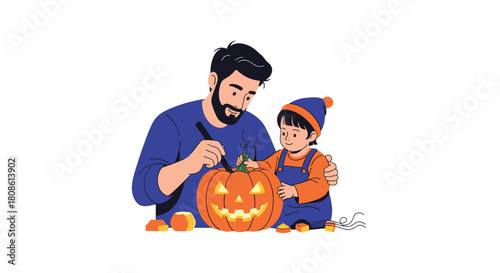 Dad and child create a spooky jack-o'-lantern together for happy Halloween fun, carving pumpkin with love and laughter during autumn season