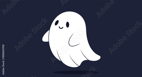 Cute cartoon ghost floating playfully against dark background, Halloween character perfect for children's designs and spooky season promotions