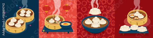 Collage of Steamed Dumplings in Bamboo Steamers with Asian Side Dishes Illustration