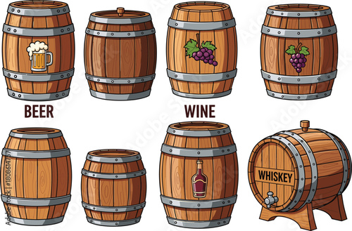 Beer wine whiskey barrel illustration, cartoon alcohol containers, labeled wooden casks clipart, beverage storage icons, brewing design set