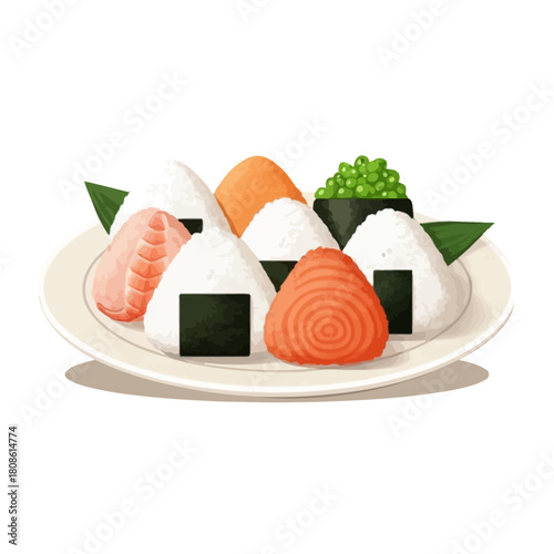 Illustration of Assorted Japanese Onigiri with Various Toppings on White Plate