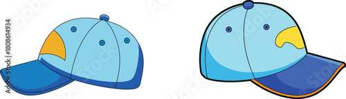 Cartoon blue baseball caps with colorful accents, fashion headwear illustration, sporty casual style design for branding, apparel, merchandise, and creative projects