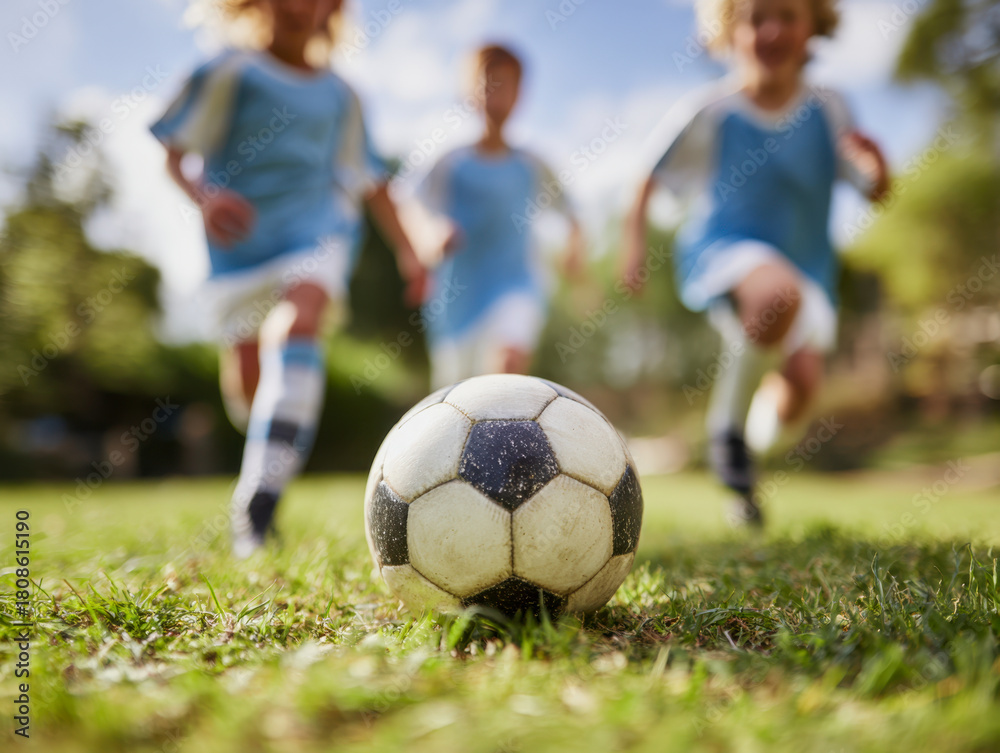 Fototapeta premium Three young children in sportswear running towards a soccer ball on grassy field during a bright sunny day in an outdoor park setting