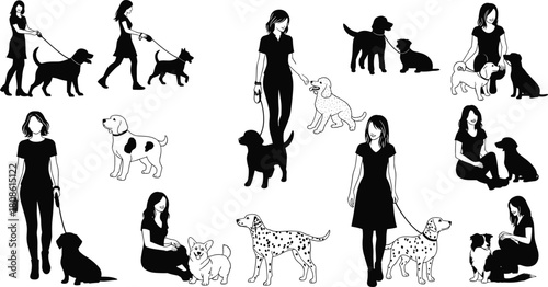 Collection of Black and White Vector Silhouettes of Women Walking, Sitting and Interacting with Various Dog Breeds Isolated on White Background for Pet Care Design
