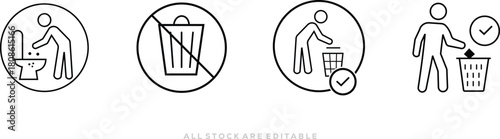Trash can icon. Waste Disposal Icons Set. use trash bin, no littering, do not flush. Vector illustration