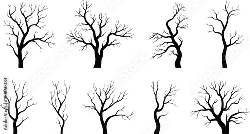 Collection of Black Vector Silhouettes of Dead Bare Trees Without Leaves Isolated on White Background for Winter, Nature, and Spooky Halloween Design Elements