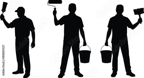 Collection of Three Black Silhouettes of Professional House Painters Holding Paint Roller Brushes and Buckets Isolated on White Background for Home Renovation