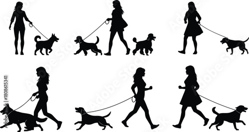 Collection of Six Black Vector Silhouettes of Women Walking Dogs on Leashes Isolated on White Background for Pet Care and Active Lifestyle Design Elements