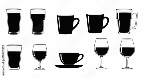 Collection of Various Drinkware Silhouettes Filled with Dark Liquid.