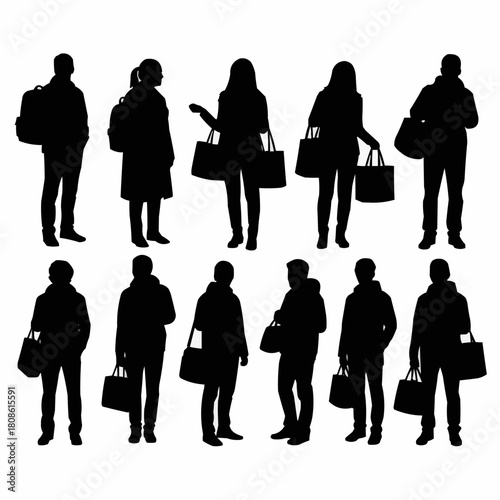 Silhouettes of people carrying bags, depicting a shopping or travel theme.