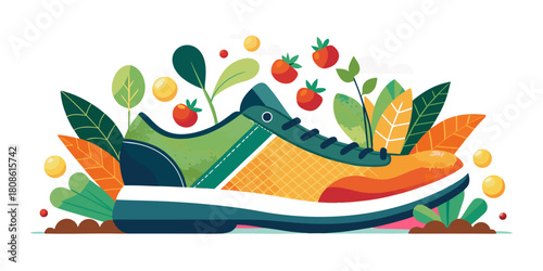 Running Shoe with Sprouting Fruits Vector – Healthy Fitness Nutrition Illustration