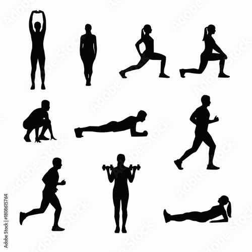 Silhouettes of people performing various exercises and stretches.