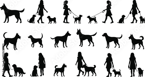 Dog walking silhouette vector pack, people with dogs clipart, pet owner illustration bundle, black dog poses, leash scenes, animal companion graphic set