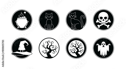 Halloween Icon Set Featuring Classic Spooky Symbols in Circular Black and White Designs