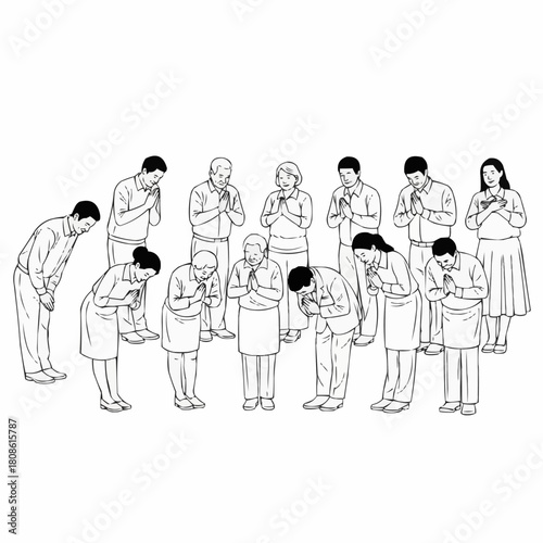 Group of People Bowing in Respectful Gesture.
