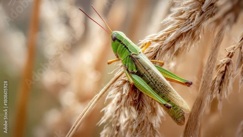 Grasshopper poised on wheat, a tiny world teeming with life in motion and natural wonder, 4K