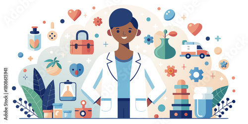 Female Pediatrician Silhouette with Playful Toy Icons Vector – Healthcare Illustration