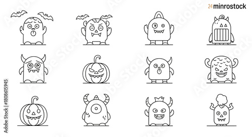 Whimsical halloween doodle set featuring adorable monsters and spooky pumpkins icons