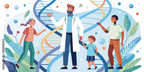 Pediatrician with Children and Swirling DNA Vector – Playful Healthcare Illustration