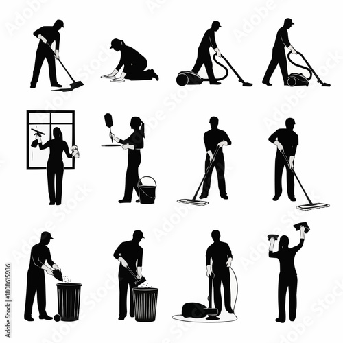 Silhouettes of people performing various cleaning tasks and duties.