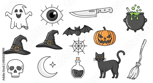 Halloween themed illustration featuring spooky icons, witch's gear, and eerie elements for festive