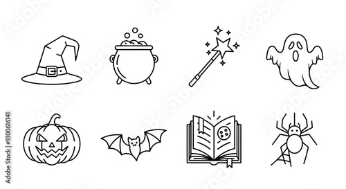 Delightful Halloween doodles set with witch hat, cauldron, wand, and spooky creatures providing