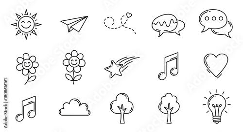 Doodle-style icons collection symbolizing different concepts and themes in modern design