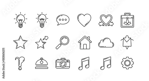 Collection of minimalist outline icons for web design representing diverse concepts