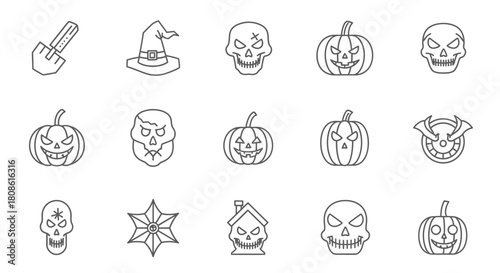 Outline Halloween icons, featuring pumpkins, skulls, witch hats, shovel, samurai and spider webs