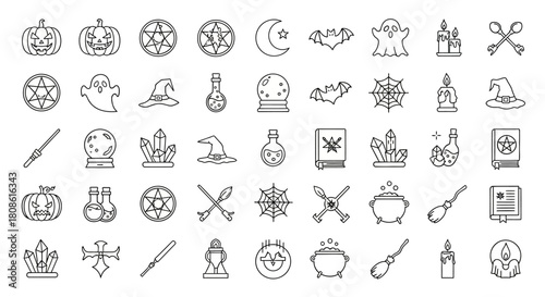 Collection of Spooky Halloween Icons and Magical Elements with Festive Theme Celebration