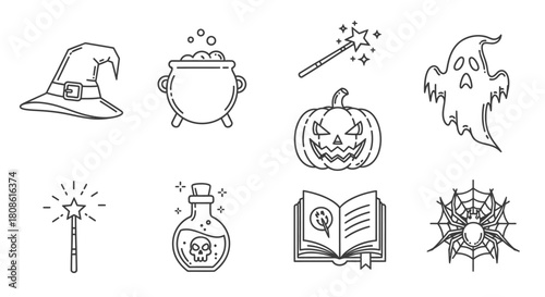 Elegant halloween icons collection with witch hat, pumpkin, ghost, spider web and potion