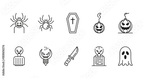 Minimalist halloween icon set with spooky spiders pumpkins and other classic horror elements