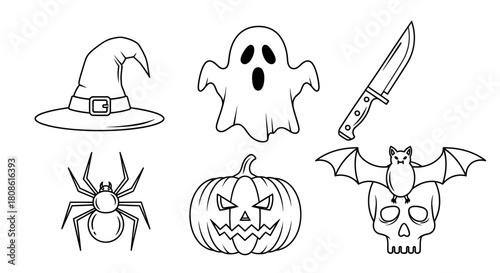 Spooky halloween line art with witch hat, ghost, knife, spider, pumpkin and bat on skull isolated